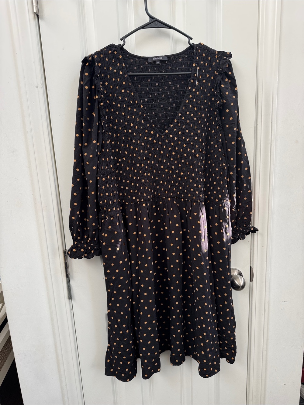 Madewell Black Dress with Tan Polka Dots — Long Sleeve V-Neck